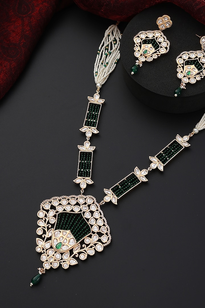 Rose Gold Finish Green Kundan Polki Handmade Pendant Necklace Set by Swabhimann Jewellery at Pernia's Pop Up Shop