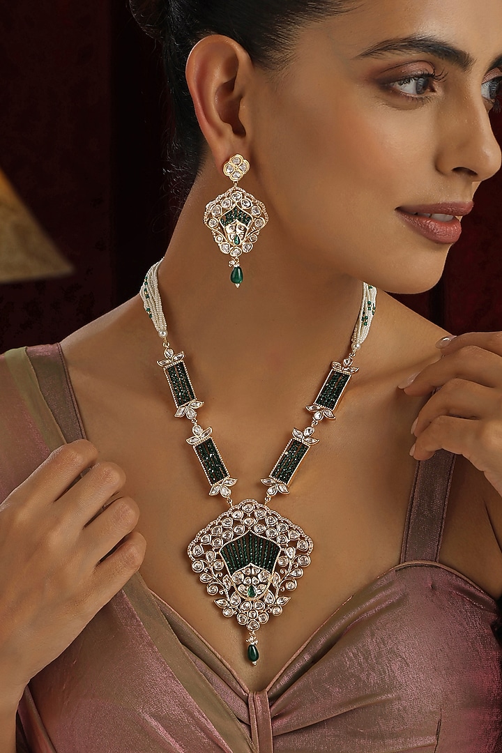 Rose Gold Finish Green Kundan Polki Handmade Pendant Necklace Set by Swabhimann Jewellery at Pernia's Pop Up Shop