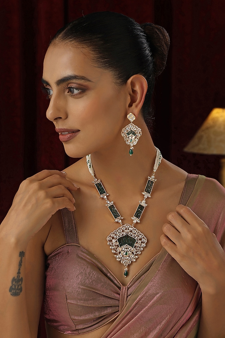 Rose Gold Finish Green Kundan Polki Handmade Pendant Necklace Set by Swabhimann Jewellery at Pernia's Pop Up Shop