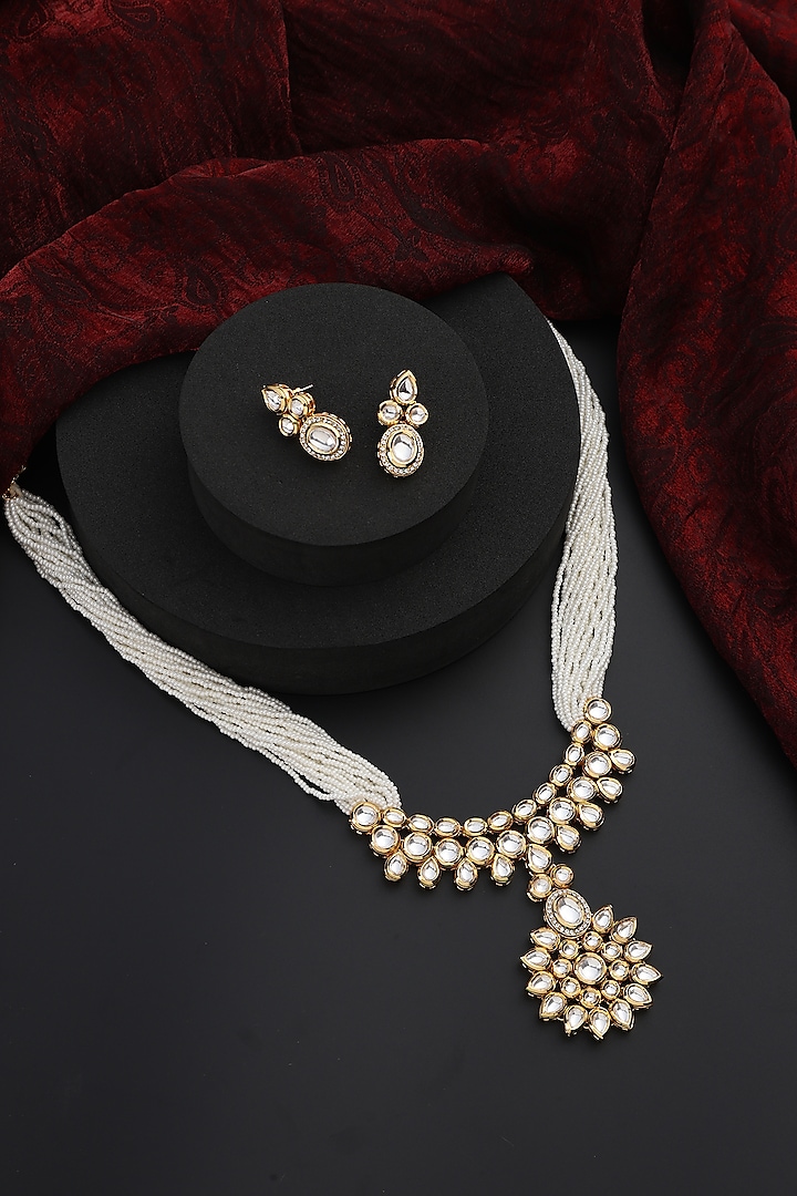 Gold Finish Kundan Polki Handmade Long Necklace Set by Swabhimann Jewellery at Pernia's Pop Up Shop
