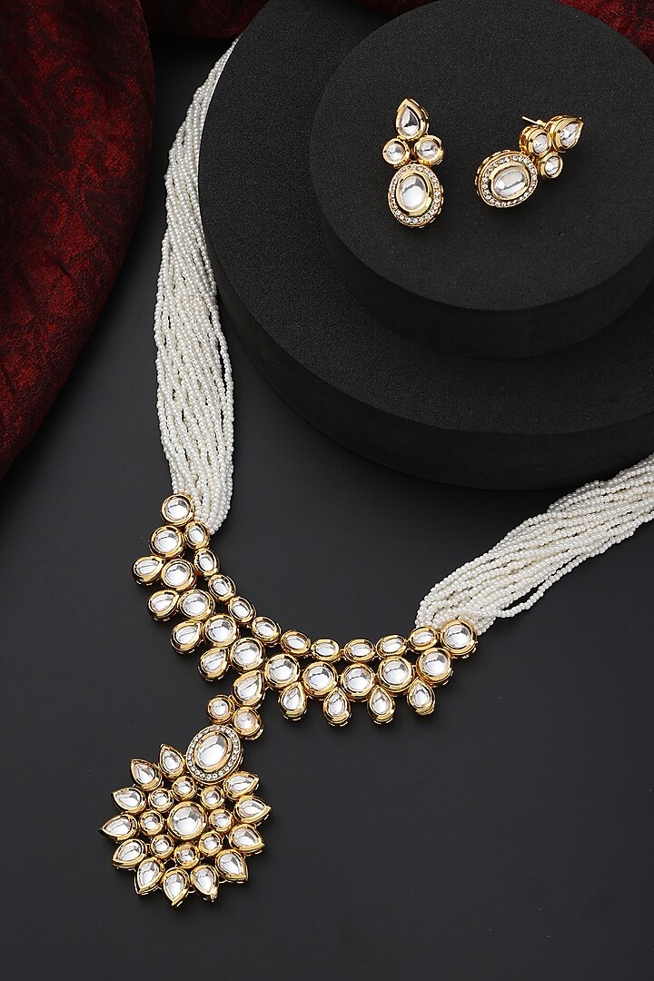 Gold Finish Kundan Polki Handmade Long Necklace Set by Swabhimann Jewellery at Pernia's Pop Up Shop