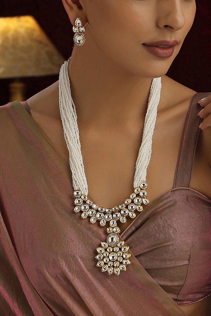 Gold Finish Kundan Polki Handmade Long Necklace Set by Swabhimann Jewellery at Pernia's Pop Up Shop