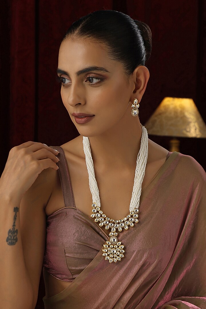 Gold Finish Kundan Polki Handmade Long Necklace Set by Swabhimann Jewellery at Pernia's Pop Up Shop