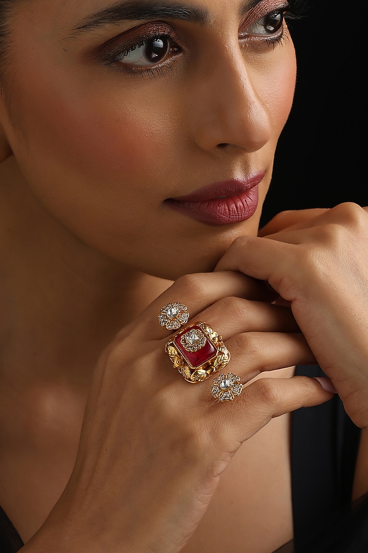 Gold Finish Red Kundan Polki Adjustable Ring by Swabhimann Jewellery at Pernia's Pop Up Shop