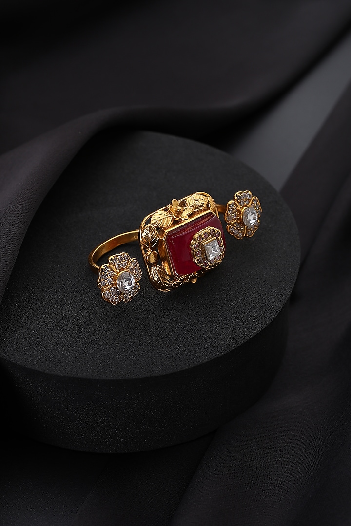 Gold Finish Red Kundan Polki Adjustable Ring by Swabhimann Jewellery at Pernia's Pop Up Shop