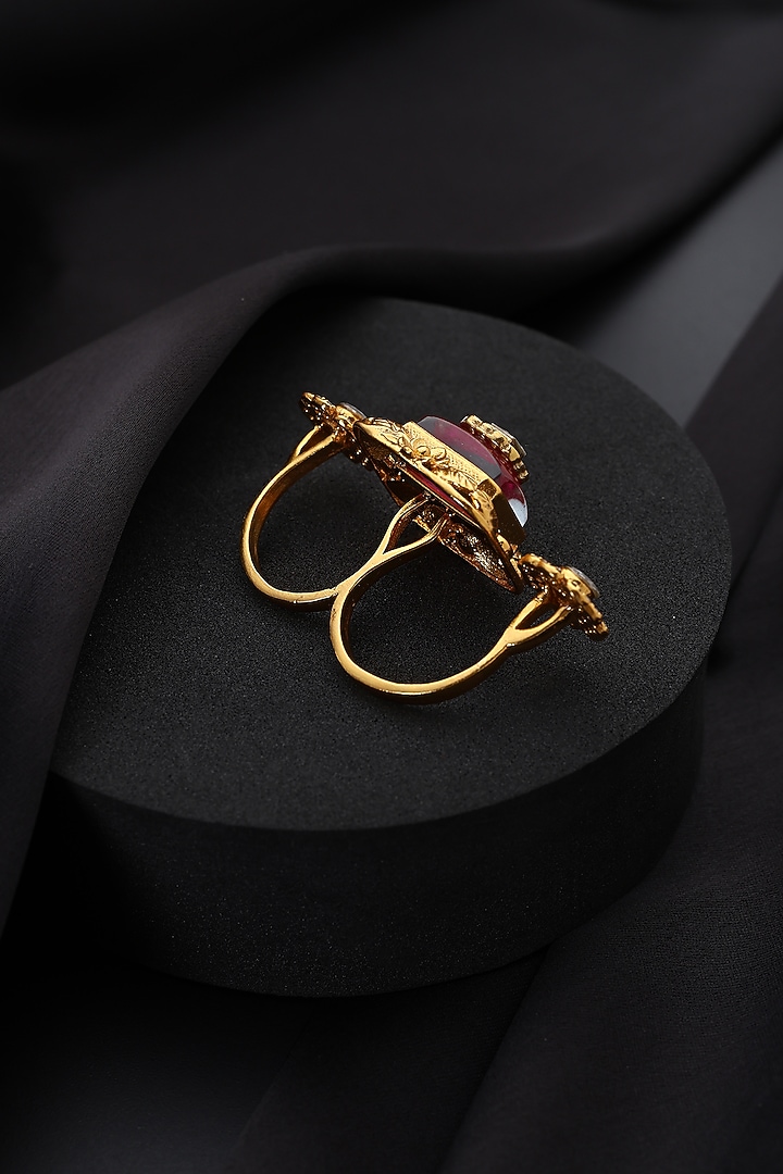 Gold Finish Red Kundan Polki Adjustable Ring by Swabhimann Jewellery at Pernia's Pop Up Shop