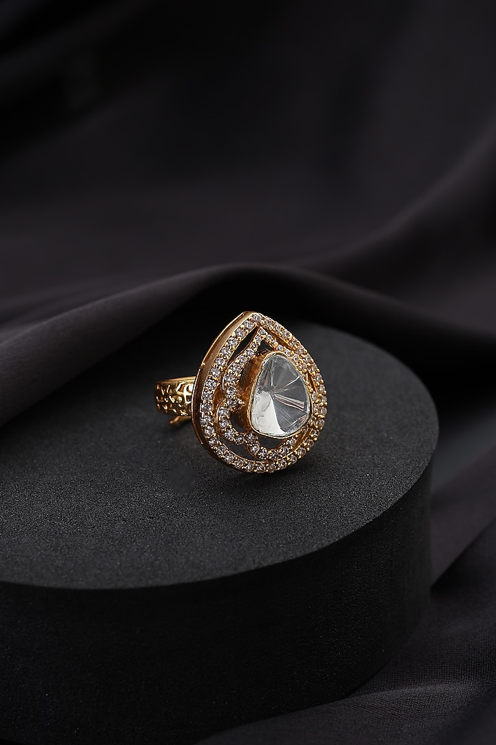 Gold Finish Kundan Polki Adjustable Ring by Swabhimann Jewellery at Pernia's Pop Up Shop