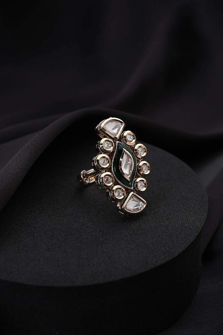 Gold Finish Green Kundan Polki Adjustable Ring by Swabhimann Jewellery at Pernia's Pop Up Shop
