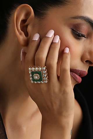 Gold Finish Green Kundan Polki Adjustable Ring by Swabhimann Jewellery
