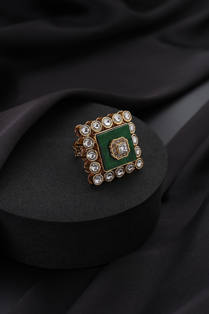 Gold Finish Green Kundan Polki Adjustable Ring by Swabhimann Jewellery at Pernia's Pop Up Shop