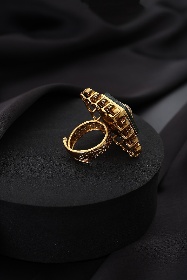 Gold Finish Green Kundan Polki Adjustable Ring by Swabhimann Jewellery at Pernia's Pop Up Shop