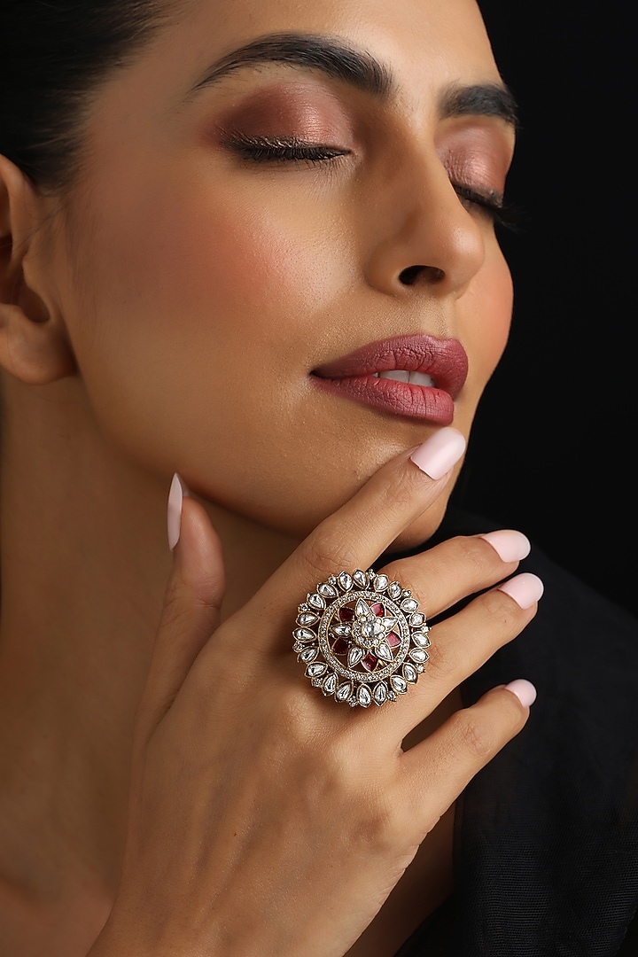 Gold Finish Red Kundan Polki Adjustable Ring by Swabhimann Jewellery at Pernia's Pop Up Shop
