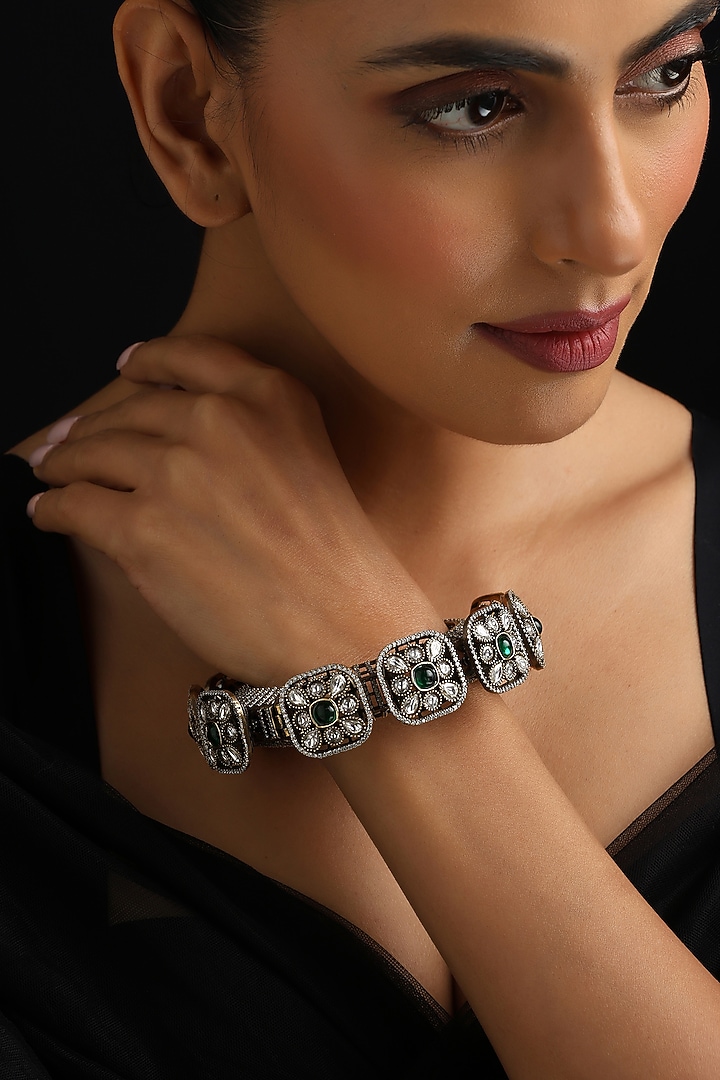 Gold Finish Green Kundan Polki Openable Kada by Swabhimann Jewellery at Pernia's Pop Up Shop