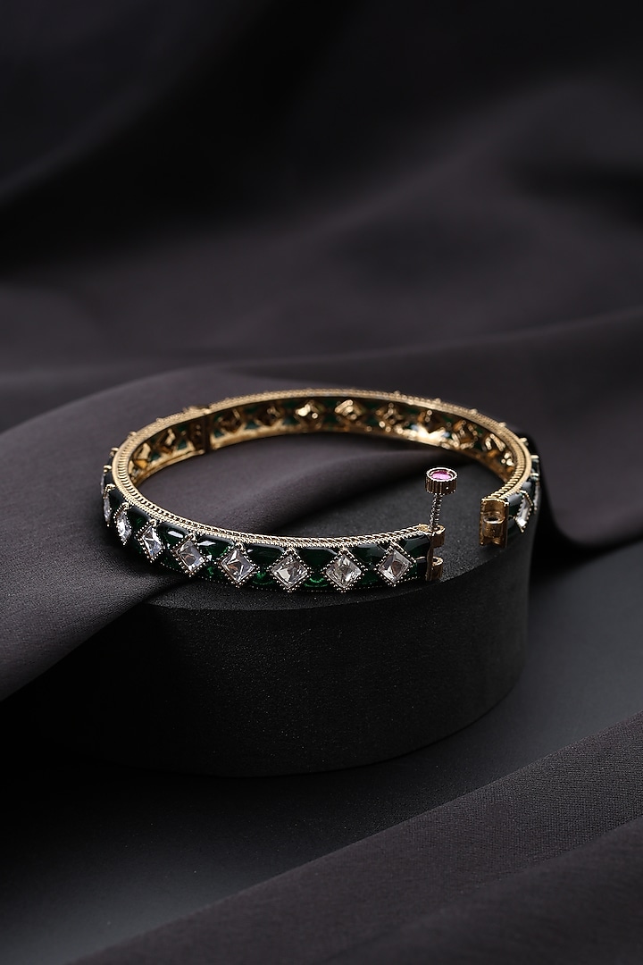 Gold Finish Green Kundan Polki Openable Kada by Swabhimann Jewellery at Pernia's Pop Up Shop