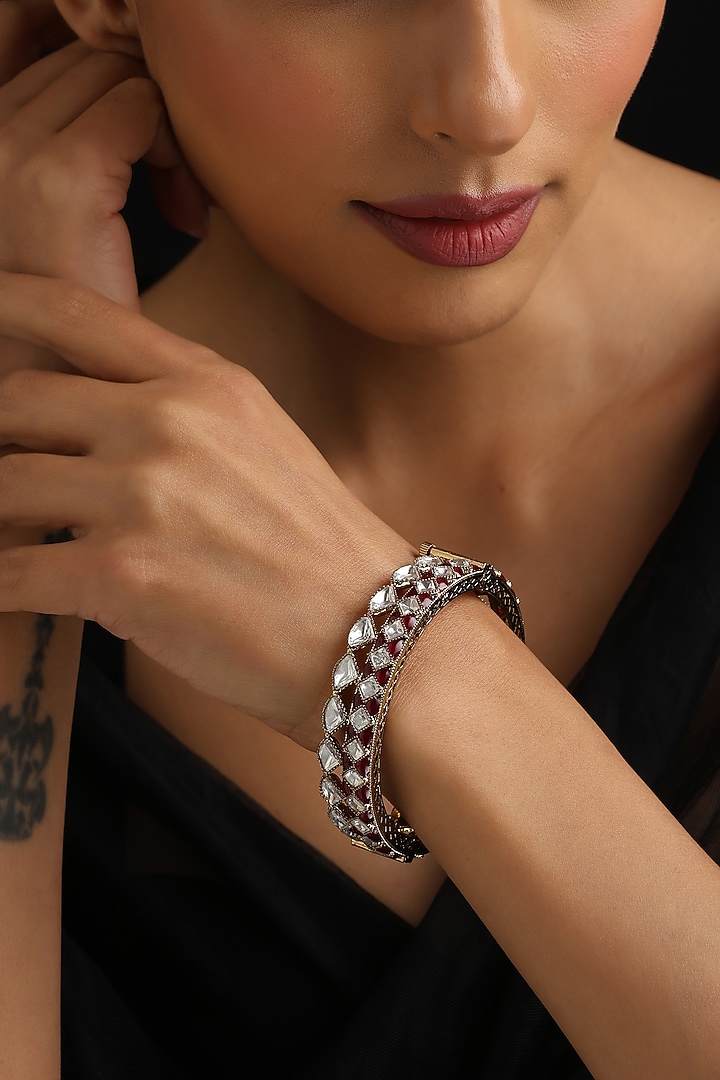 Gold Finish Red Kundan Polki Openable Kada by Swabhimann Jewellery at Pernia's Pop Up Shop