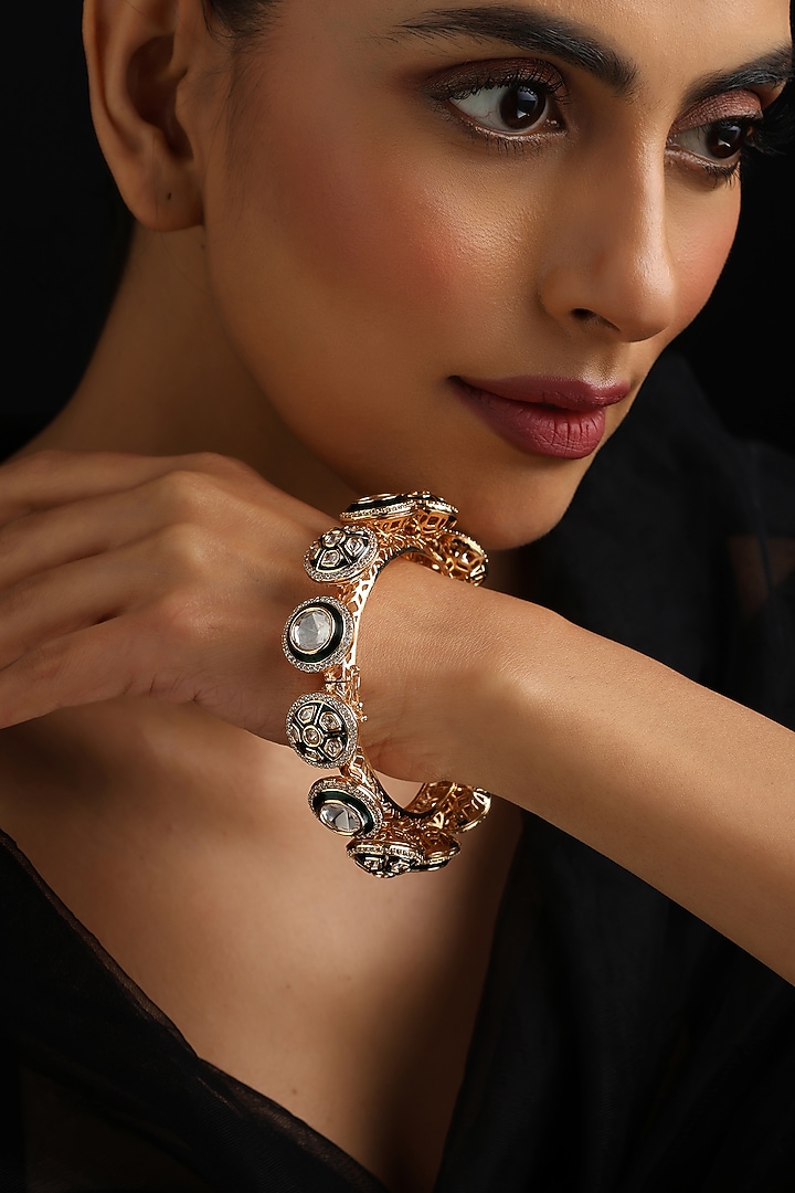 Rose Gold Finish Green Kundan Polki Openable Kada by Swabhimann Jewellery at Pernia's Pop Up Shop