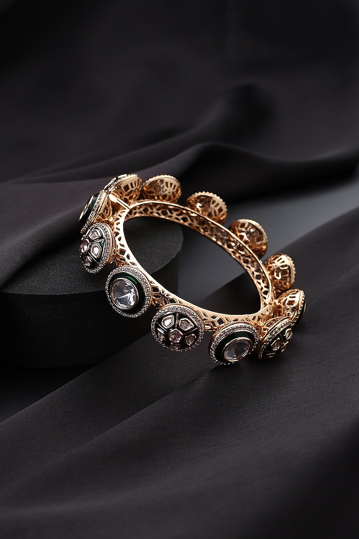 Rose Gold Finish Green Kundan Polki Openable Kada by Swabhimann Jewellery at Pernia's Pop Up Shop