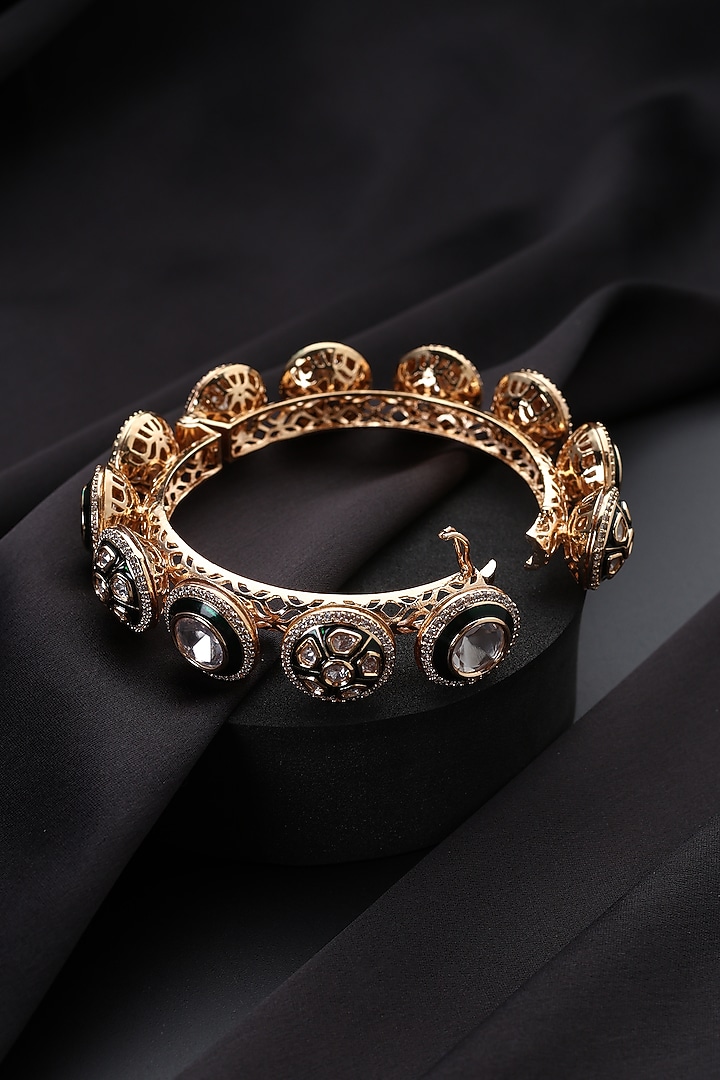 Rose Gold Finish Green Kundan Polki Openable Kada by Swabhimann Jewellery at Pernia's Pop Up Shop