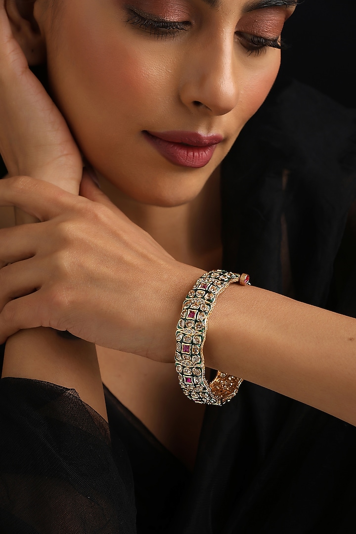 Gold Finish Multi-Colored Kundan Polki Openable Kada by Swabhimann Jewellery at Pernia's Pop Up Shop