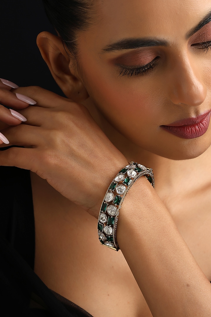 Gold Finish Green Kundan Polki Openable Kada by Swabhimann Jewellery at Pernia's Pop Up Shop