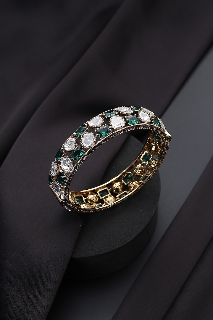 Gold Finish Green Kundan Polki Openable Kada by Swabhimann Jewellery at Pernia's Pop Up Shop