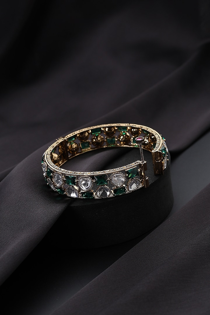 Gold Finish Green Kundan Polki Openable Kada by Swabhimann Jewellery at Pernia's Pop Up Shop