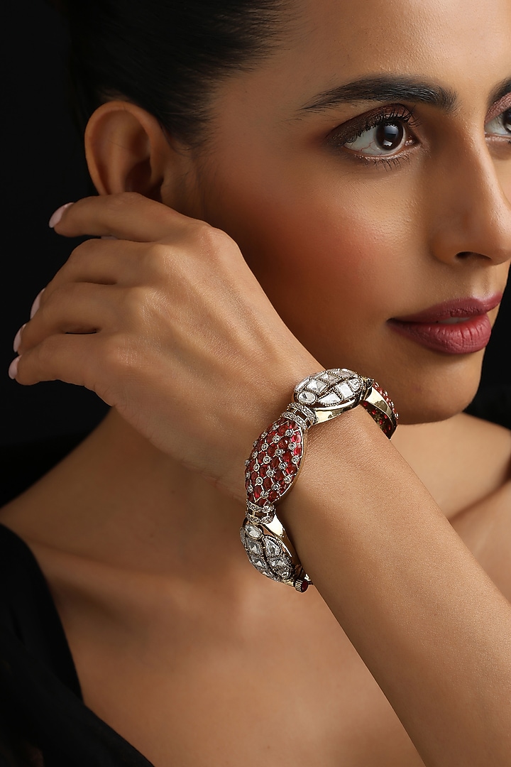 Gold Finish Red Kundan Polki Openable Kada by Swabhimann Jewellery at Pernia's Pop Up Shop