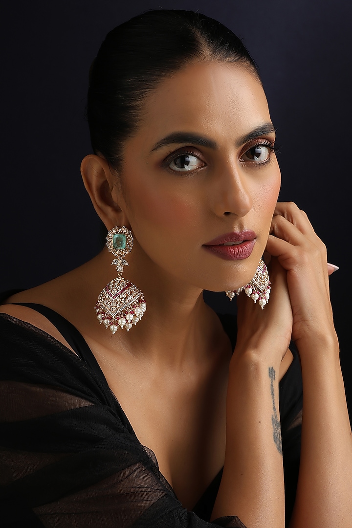 Rose Gold Finish Multi-Colored Kundan Polki Jhumka Earrings by Swabhimann Jewellery at Pernia's Pop Up Shop