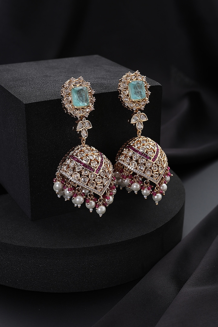 Rose Gold Finish Multi-Colored Kundan Polki Jhumka Earrings by Swabhimann Jewellery at Pernia's Pop Up Shop