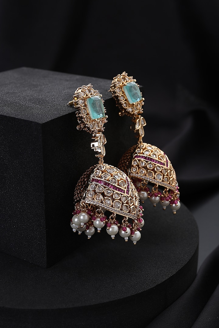 Rose Gold Finish Multi-Colored Kundan Polki Jhumka Earrings by Swabhimann Jewellery at Pernia's Pop Up Shop