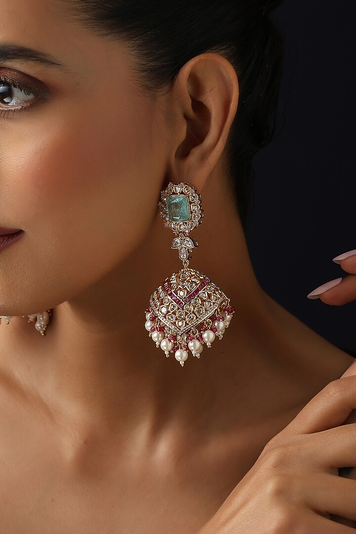 Rose Gold Finish Multi-Colored Kundan Polki Jhumka Earrings by Swabhimann Jewellery at Pernia's Pop Up Shop