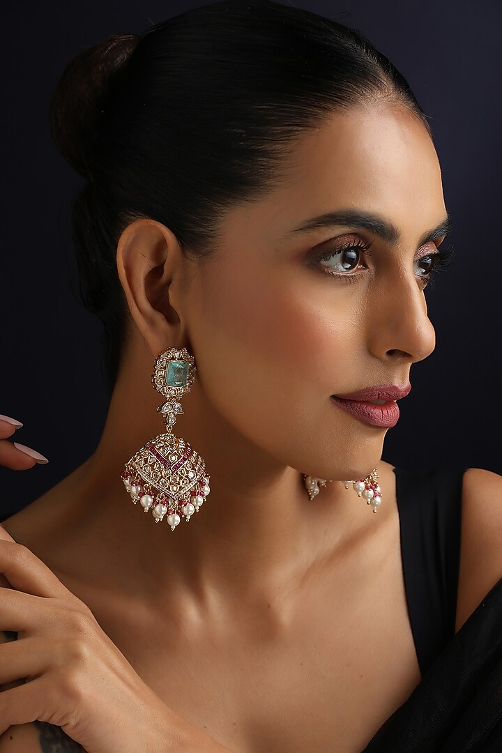 Rose Gold Finish Multi-Colored Kundan Polki Jhumka Earrings by Swabhimann Jewellery at Pernia's Pop Up Shop