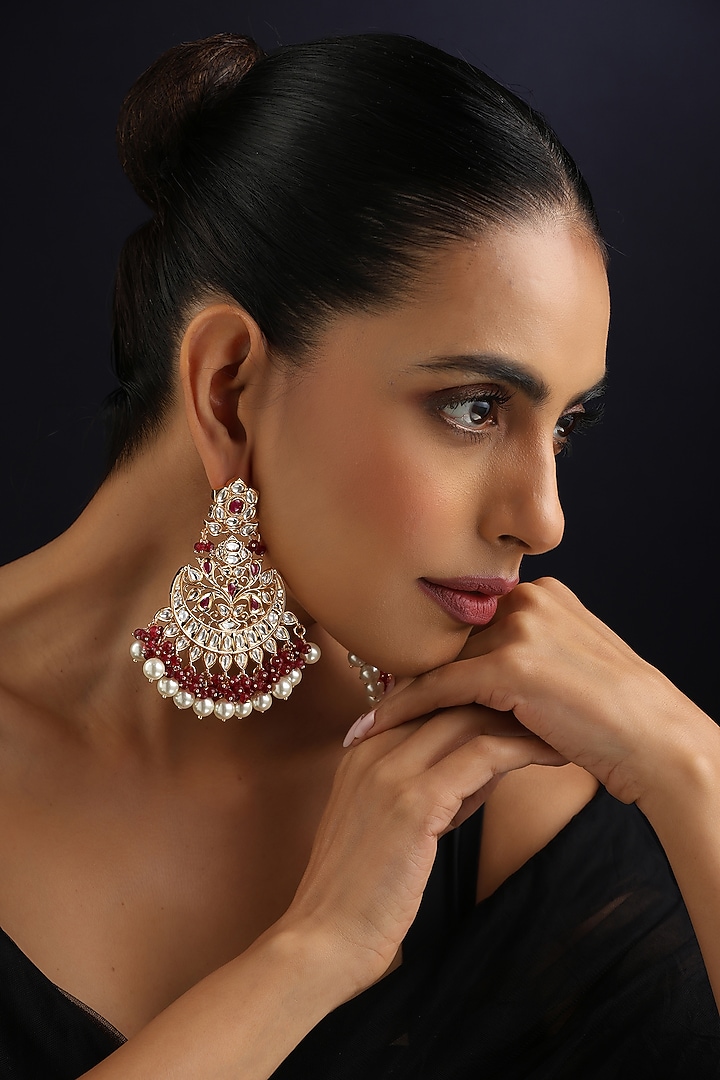 Gold Finish Red Kundan Polki Chandbali Earrings by Swabhimann Jewellery at Pernia's Pop Up Shop