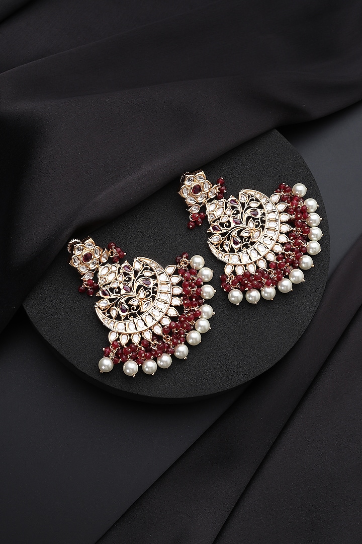 Gold Finish Red Kundan Polki Chandbali Earrings by Swabhimann Jewellery at Pernia's Pop Up Shop