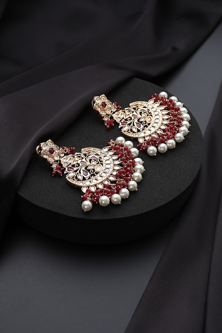 Gold Finish Red Kundan Polki Chandbali Earrings by Swabhimann Jewellery at Pernia's Pop Up Shop