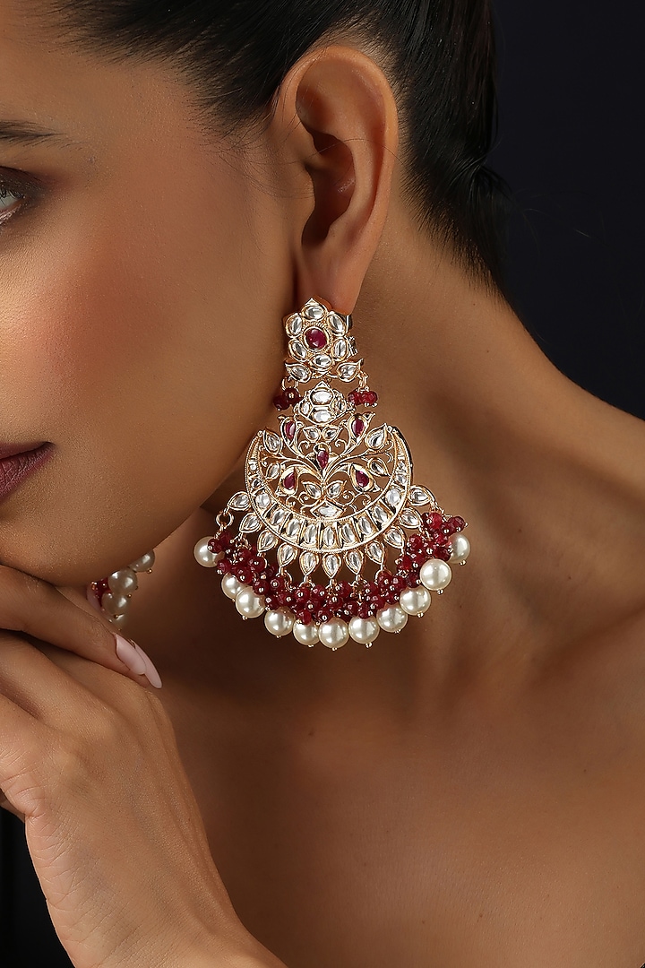 Gold Finish Red Kundan Polki Chandbali Earrings by Swabhimann Jewellery at Pernia's Pop Up Shop