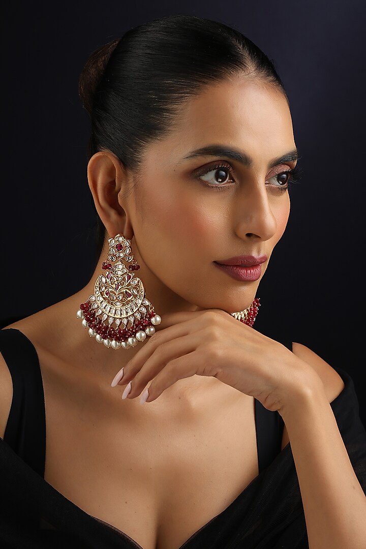 Gold Finish Red Kundan Polki Chandbali Earrings by Swabhimann Jewellery at Pernia's Pop Up Shop