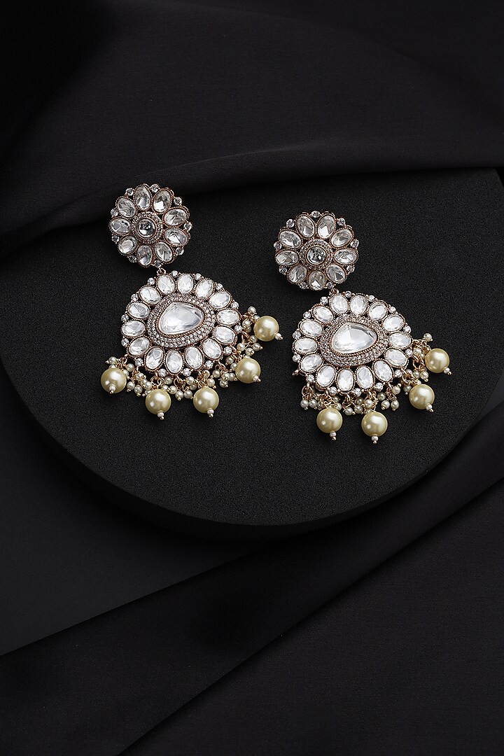 Rose Gold Finish White Kundan Polki & Pearl Dangler Earrings by Swabhimann Jewellery at Pernia's Pop Up Shop