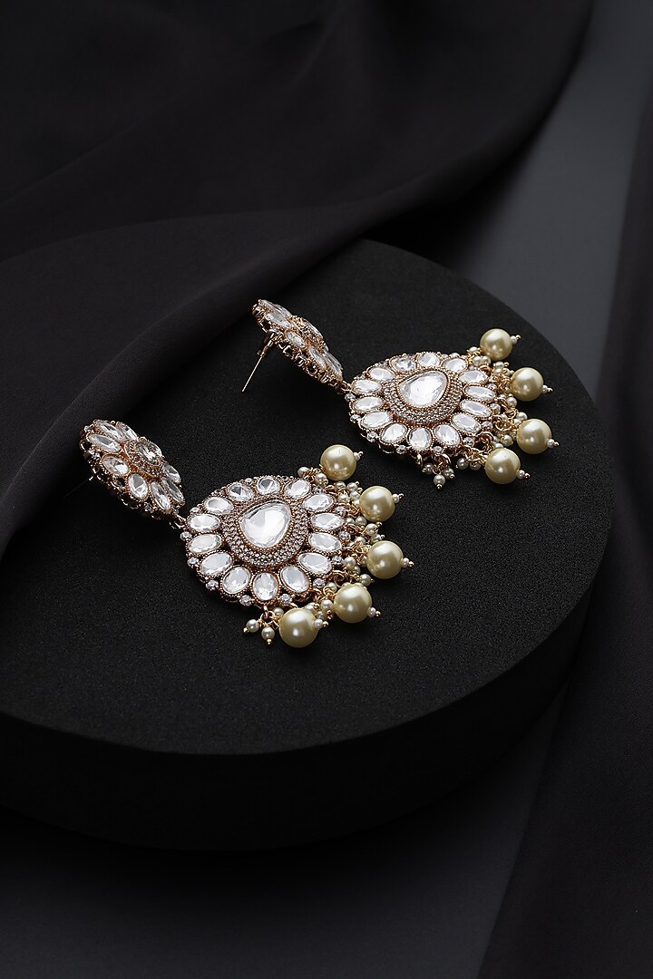 Rose Gold Finish White Kundan Polki & Pearl Dangler Earrings by Swabhimann Jewellery at Pernia's Pop Up Shop