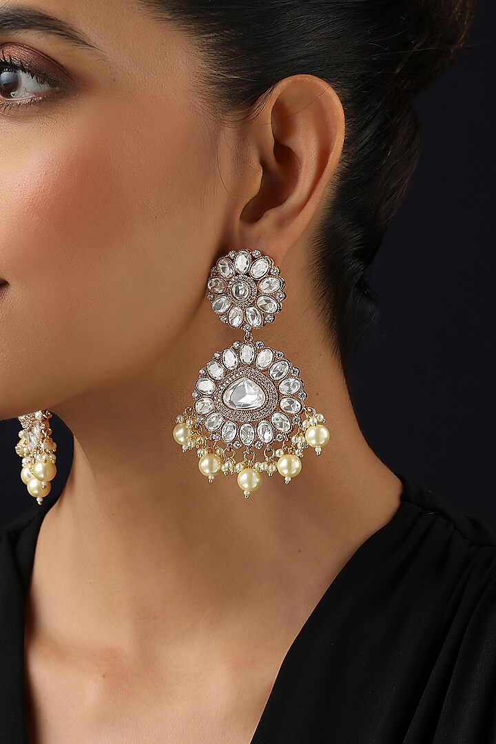 Rose Gold Finish White Kundan Polki & Pearl Dangler Earrings by Swabhimann Jewellery at Pernia's Pop Up Shop