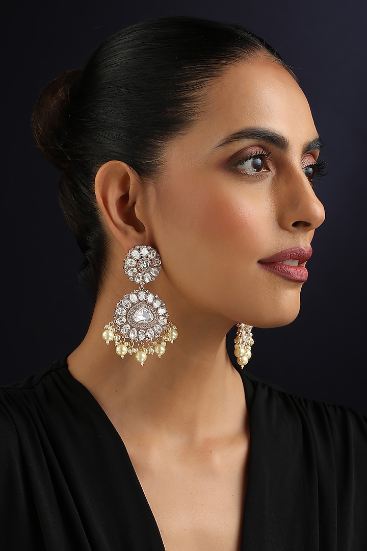 Rose Gold Finish White Kundan Polki & Pearl Dangler Earrings by Swabhimann Jewellery at Pernia's Pop Up Shop
