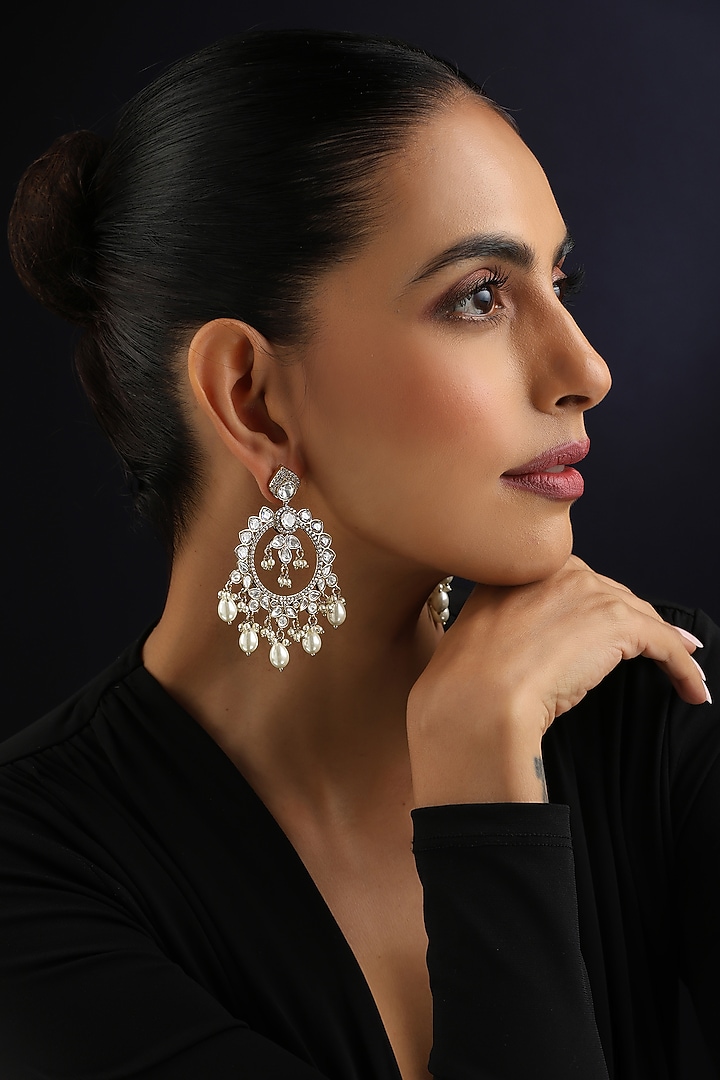 Gold Finish White Kundan Polki & Pearl Chandbali Earrings by Swabhimann Jewellery at Pernia's Pop Up Shop
