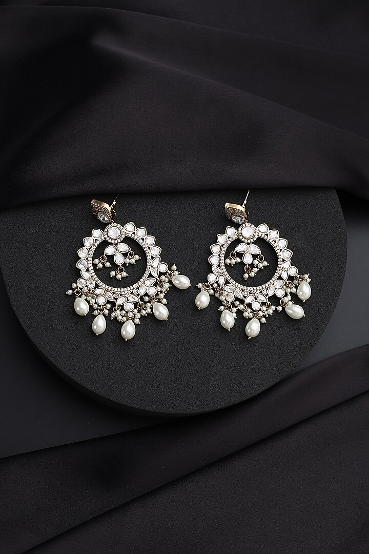 Gold Finish White Kundan Polki & Pearl Chandbali Earrings by Swabhimann Jewellery at Pernia's Pop Up Shop