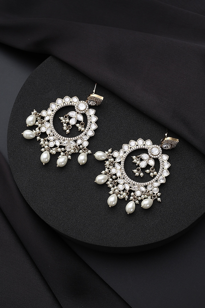 Gold Finish White Kundan Polki & Pearl Chandbali Earrings by Swabhimann Jewellery at Pernia's Pop Up Shop