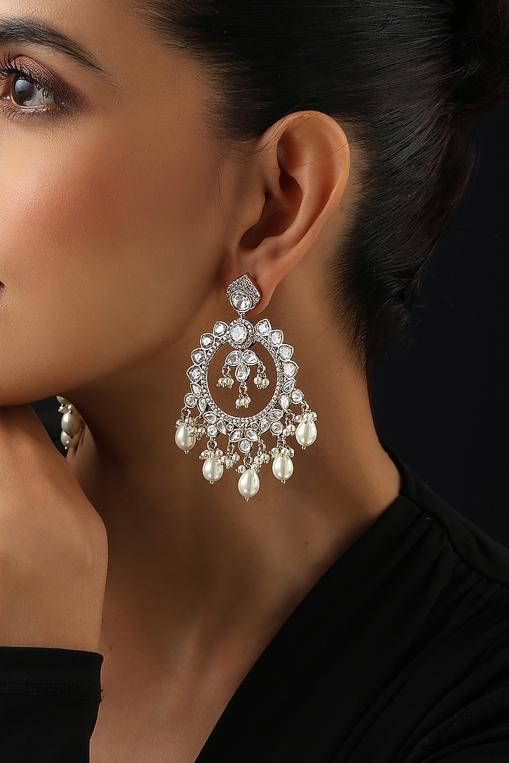 Gold Finish White Kundan Polki & Pearl Chandbali Earrings by Swabhimann Jewellery at Pernia's Pop Up Shop