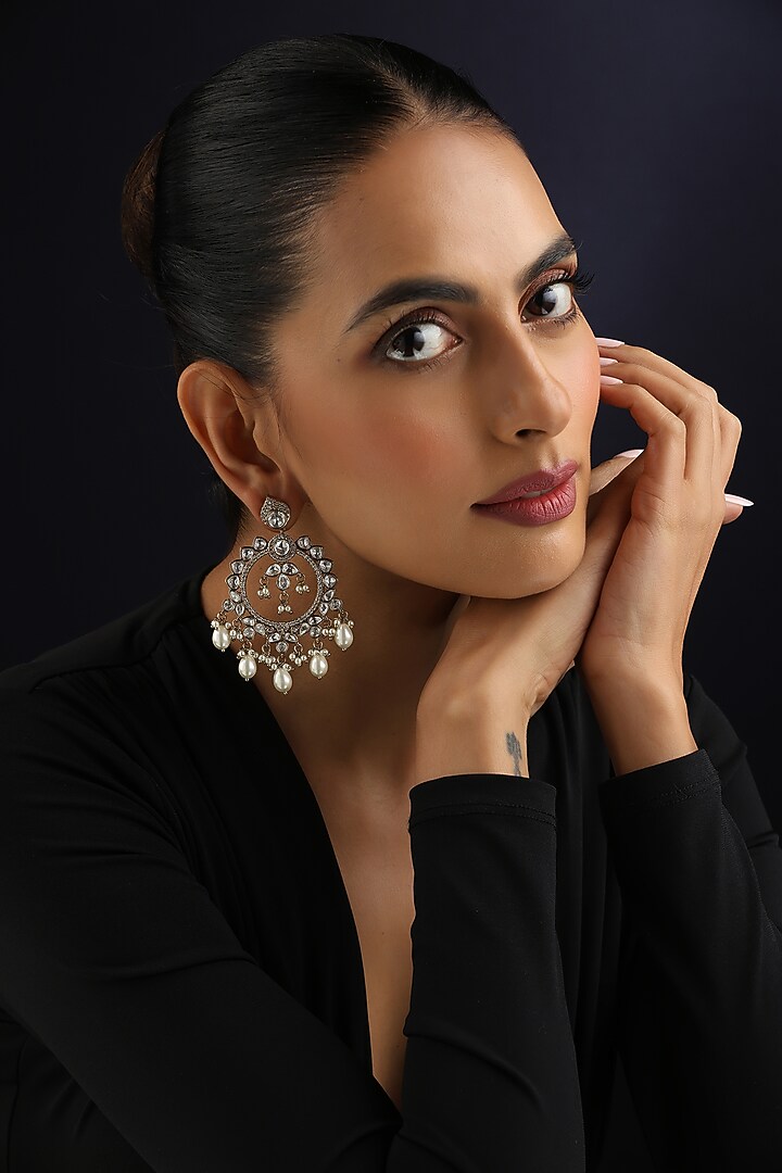 Gold Finish White Kundan Polki & Pearl Chandbali Earrings by Swabhimann Jewellery at Pernia's Pop Up Shop