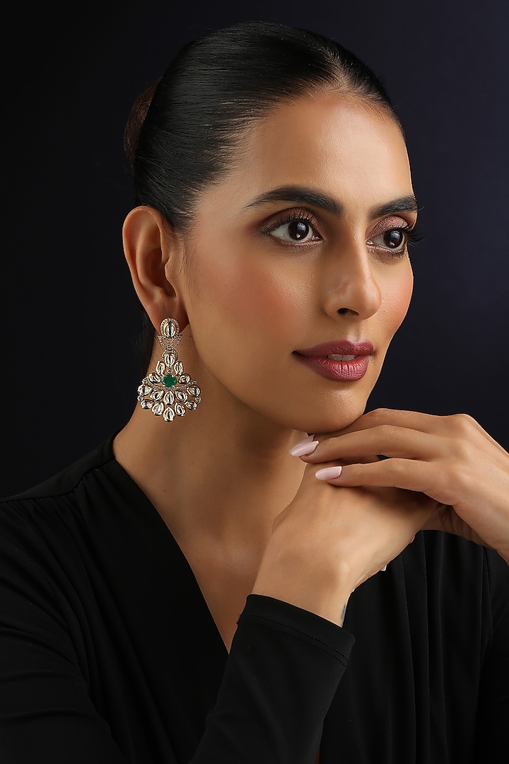 Gold Finish Green Kundan Polki Dangler Earrings by Swabhimann Jewellery at Pernia's Pop Up Shop