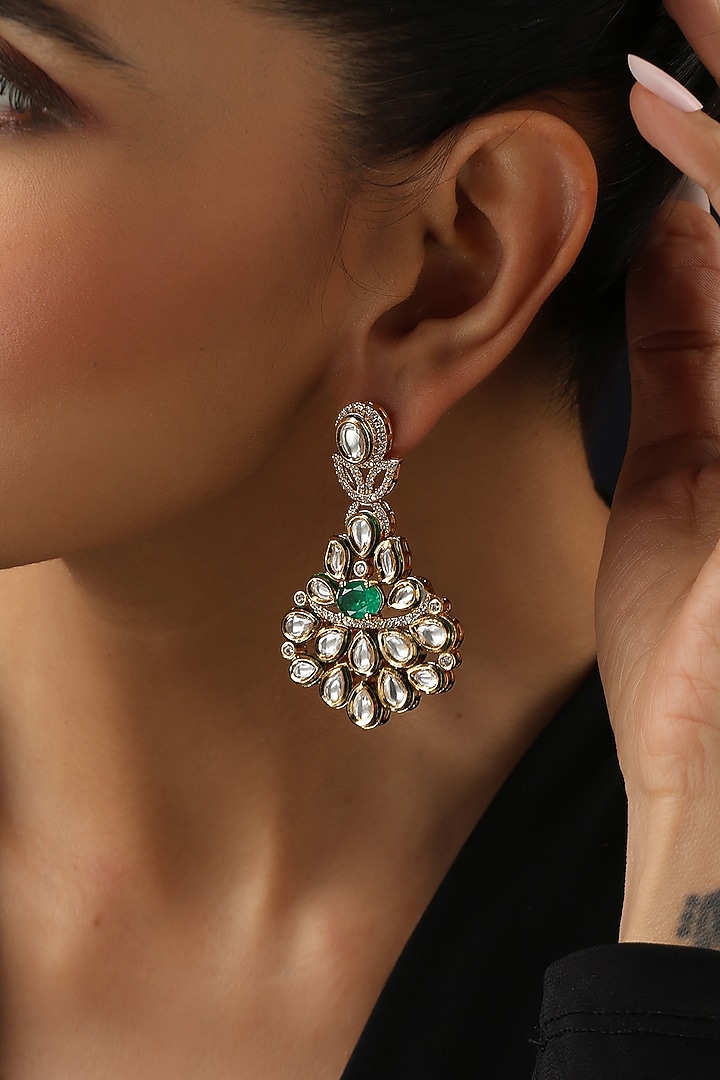 Gold Finish Green Kundan Polki Dangler Earrings by Swabhimann Jewellery at Pernia's Pop Up Shop