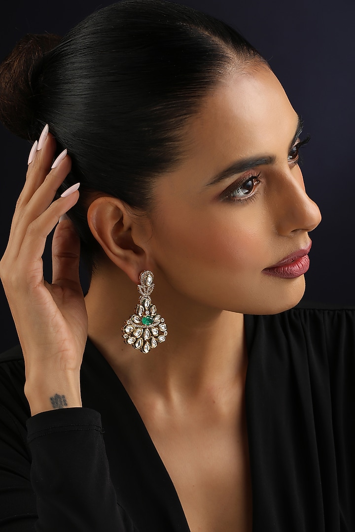 Gold Finish Green Kundan Polki Dangler Earrings by Swabhimann Jewellery at Pernia's Pop Up Shop