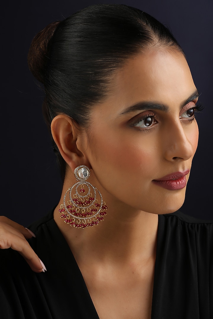 Gold Finish Red Kundan Polki Chandbali Earrings by Swabhimann Jewellery at Pernia's Pop Up Shop